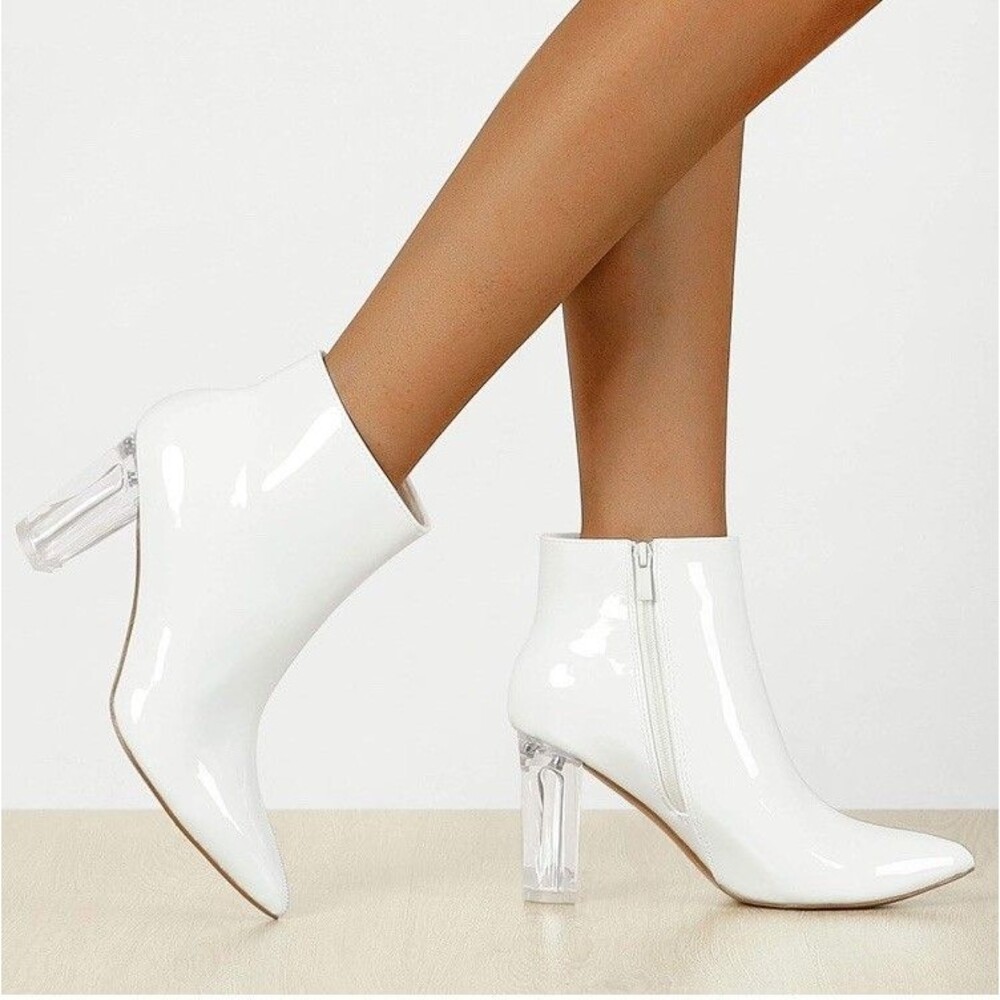 Allegra K White Patent Ankle Boots Clear Block Heel Pointy Toe Size 8